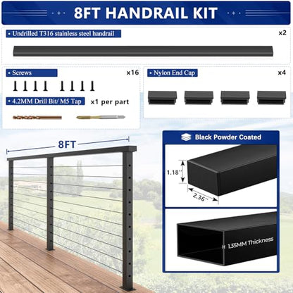 Stainless Steel T316 Black Handrail for Cable Railing Post with Nylon End Cap Kits