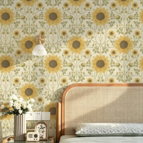 Vintage Sunflower Peel and Stick Wallpaper Boho Floral Removable Wallpaper Yellow Green Flower Contact Paper Waterproof Self‑Adhesive Wall Papaer for Bedroom Living Room Decor 17.3" x 196.8" (Yellow / 17.3" x 196.8")