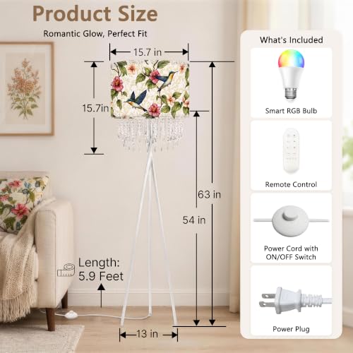 Smart Tripod Floor Lamp with Fabric Shade & Acrylic Droplets