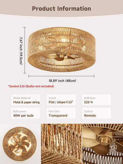 Rattan fandelier Ceiling Fans with Lights (Golden color 6)