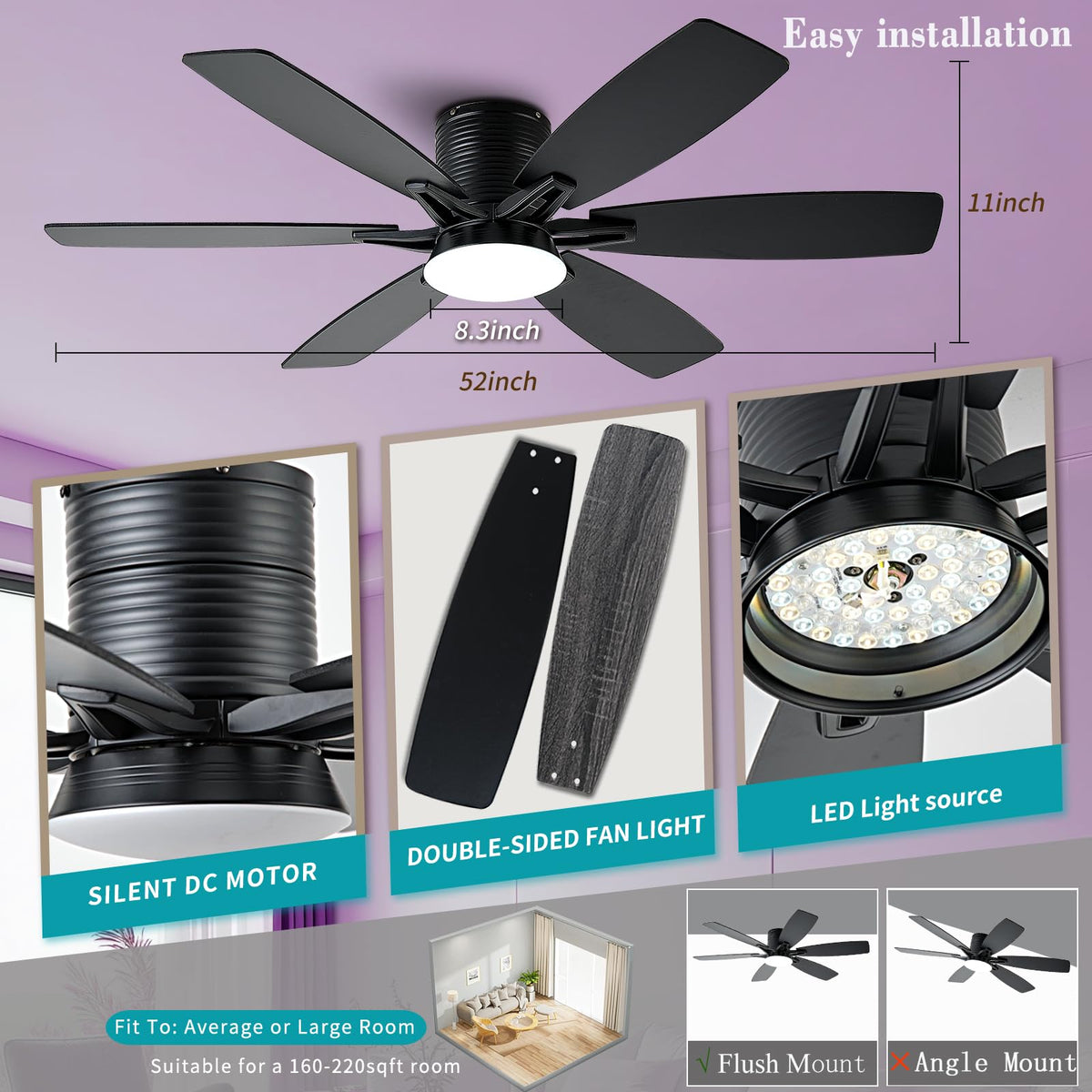 52 inch Ceiling Fan with Lights (Black+RGB)