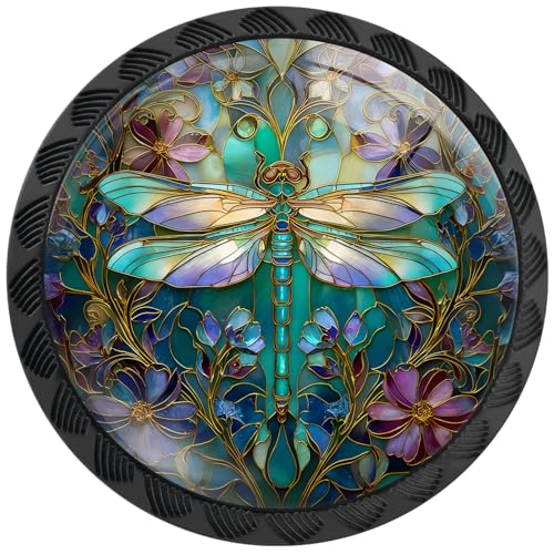 4 Pack Stained Glass Dragonfly Cabinet Knobs for Kitchen Bathroom