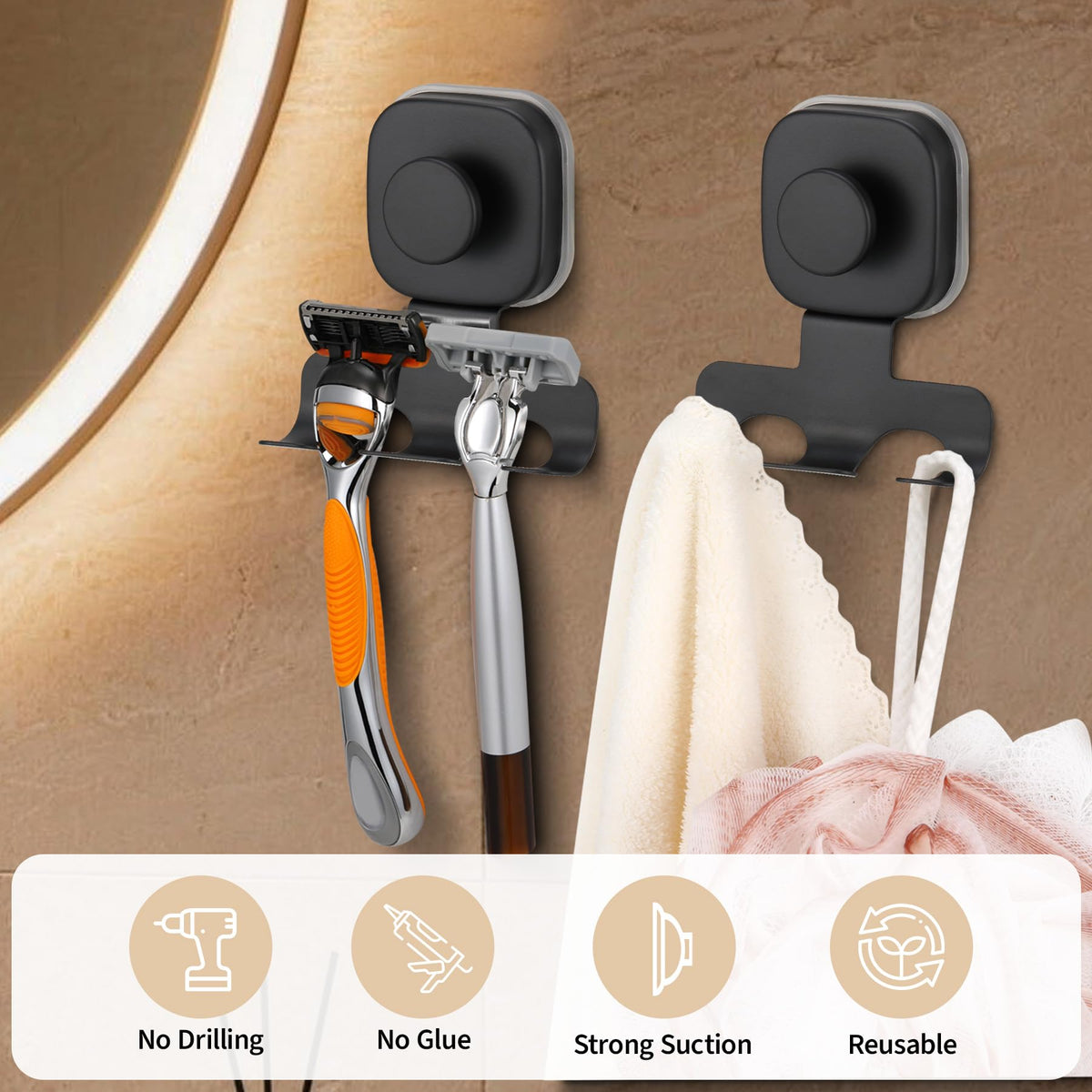 Suction Cup Razor Holder for Shower; Stainless Steel Shaver Hook (Matte Black)