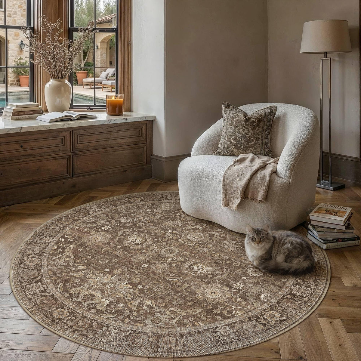4x4 Round Rugs Brown Vintage Rug for Living Room (Retro | Brown / 4' (Round))
