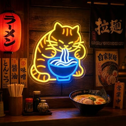 Ramen Cat Neon Sign LED Cat Noodle Neon Wall Art Lights