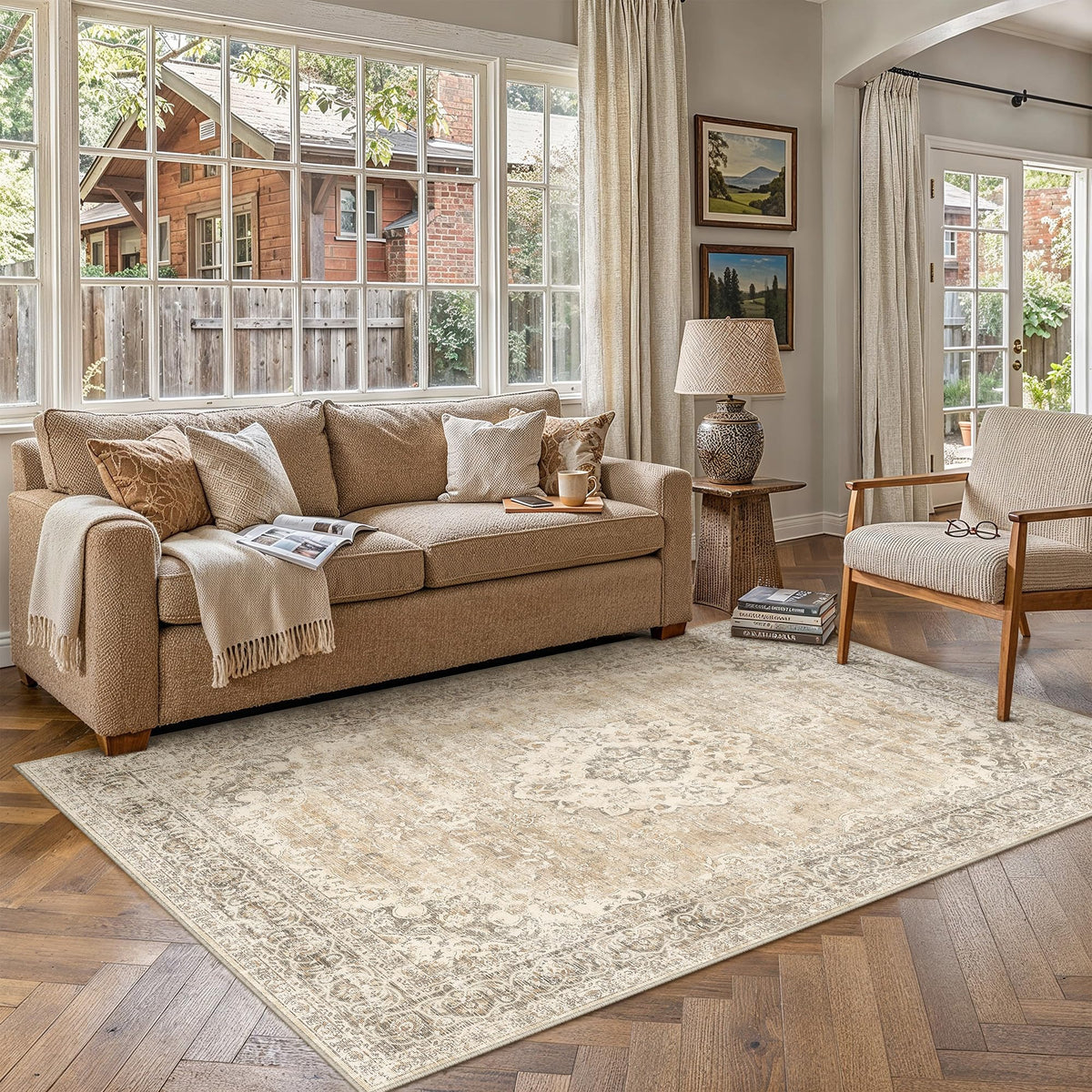 6x9 Taupe Washable Area Rug Non Slip Vintage Carpet (Vintage | Taupe Brown / 6' x 9' (Rectangular))