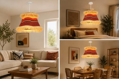 10in Boho Handwoven Pendant Light Shade with Raffia Fringe Ceiling Decor