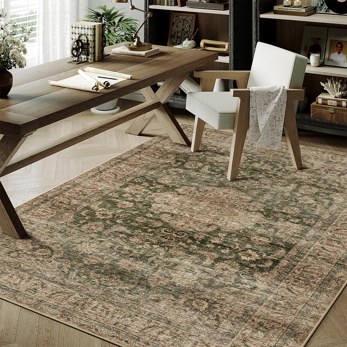 3x5 Washable Area Rug Green Brown Vintage Rug for Entryway (Green/Brown / 3' x 5' (Rectangular))