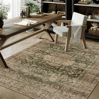 3x5 Washable Area Rug Green Brown Vintage Rug for Entryway (Green/Brown / 3' x 5' (Rectangular))