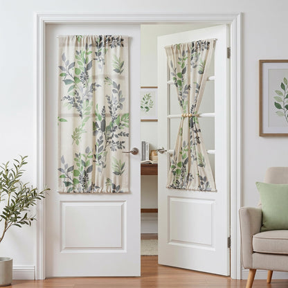 Floral Linen French Door Curtains 40 inch Long 2 Panels for Front Door Light Filtering Privacy Semi Sheer Window Curtains with Rod Pocket (B-green / 24"W x 40"L (Pack of 2))