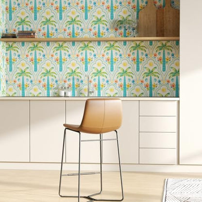 Tropical Peel and Stick Wallpaper Blue Coastal Palm Tree Seashells Shrimp Ocean Pattern Wall Paper for Bedroom Bathroom Playroom Removable Self