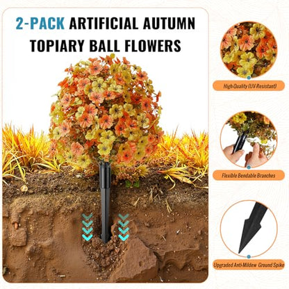2Pcs Artificial Fall Topiary Ball Flowers for Outdoors (Orange Yellow)