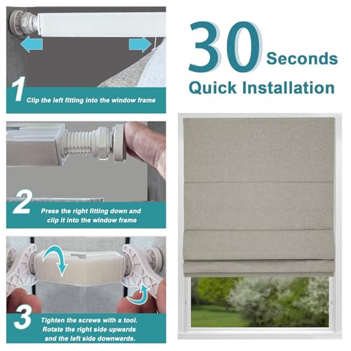 No Drill Roman Shades Cordless Blinds Blackout for Indoor Windows (Beige / 34"W x 64"H)
