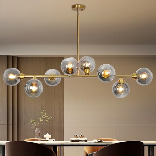 Linear Chandelier for Dining Room with Open Glass Globe Lampshade 13Lights Linear Chandelier Pendant Light