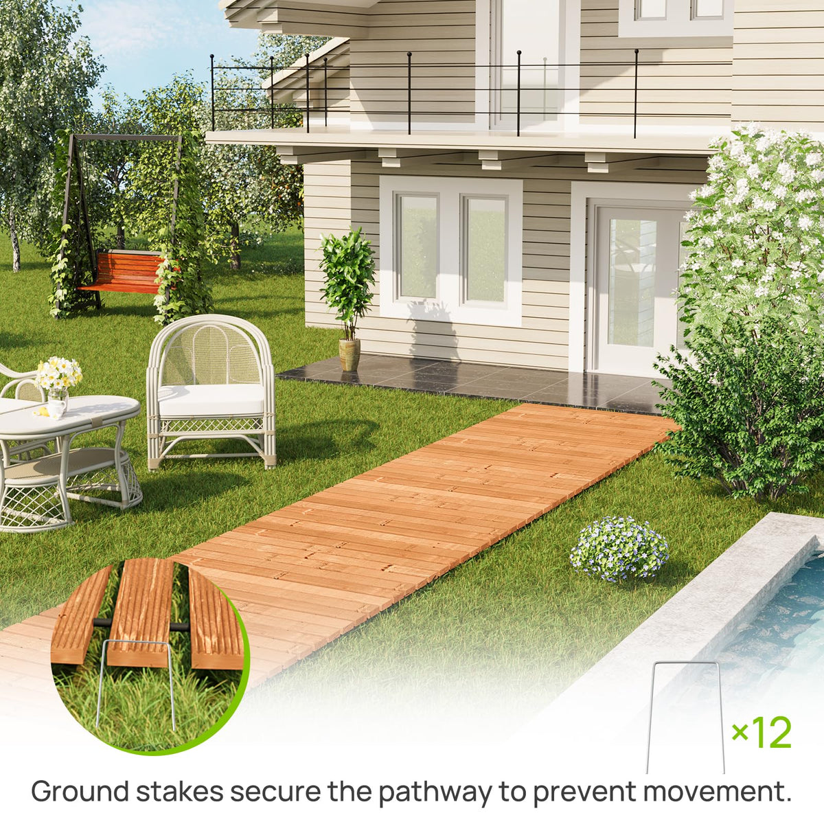 12FTx25'' W Wooden Garden Parhway Walkway Oversize Outdoor Roll Out Decorative Patio Path Pavers Flooring Non (Brown / 12FT-Straight)