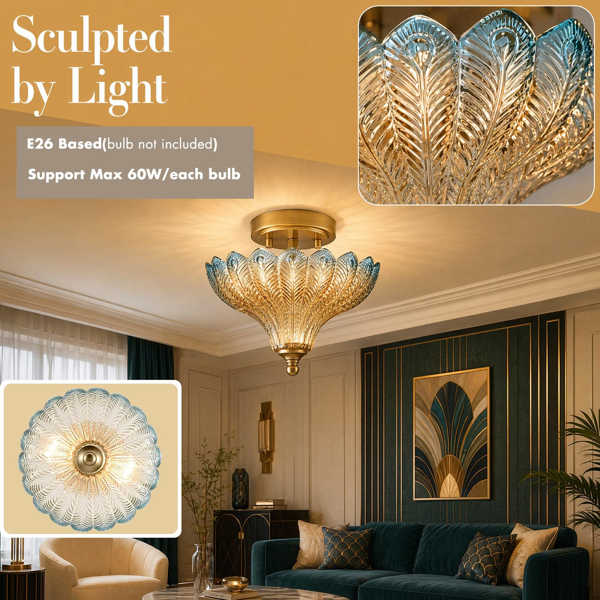 Luxury Gold Semi Flush Mount Ceiling Light Blue & Amber Shade (Gold-Blue & Amber / 9.84"W)