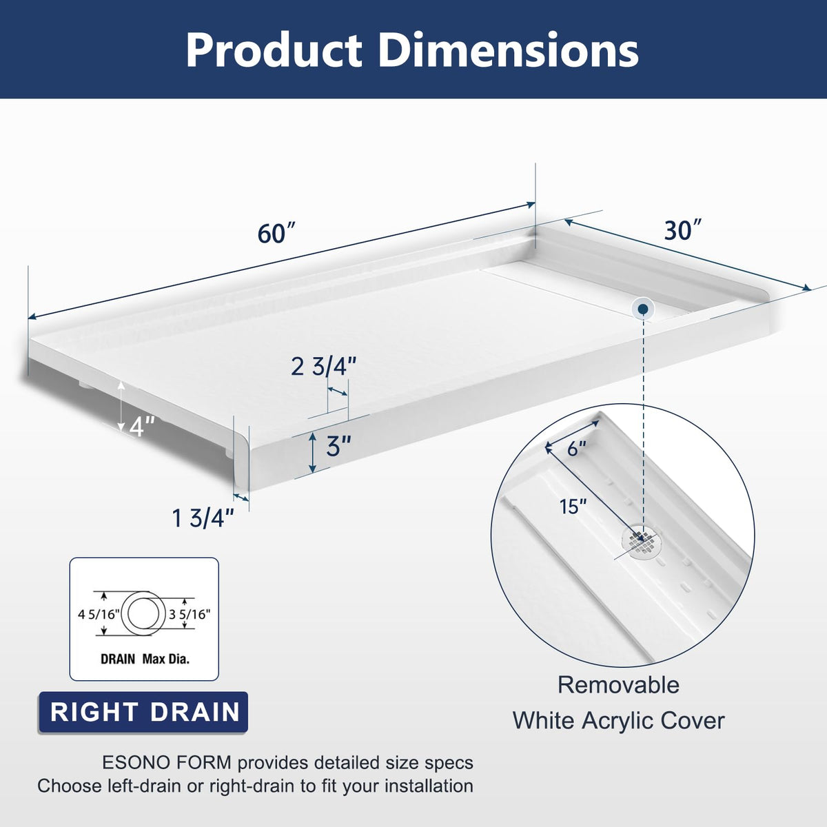 60"L x 30"W Shower Base with Right Drain