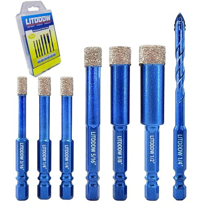 7 Pack Hex Shank Diamond Drill Bits & Carbide Tile Drill Bit Set (7 Pcs 3/16"-1/2" Mixed Styles)