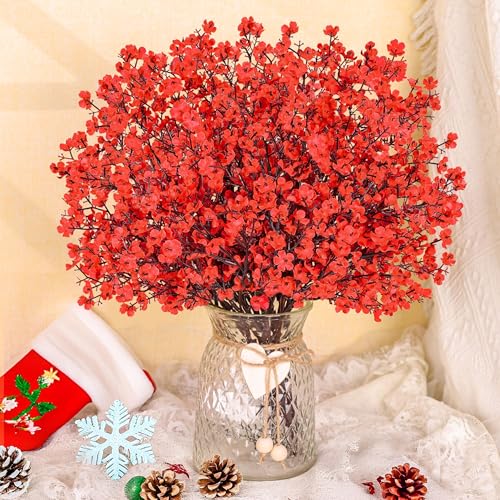 10Pcs Artificial Christmas Flowers Red Babys Breath Decoration for Home (Red)