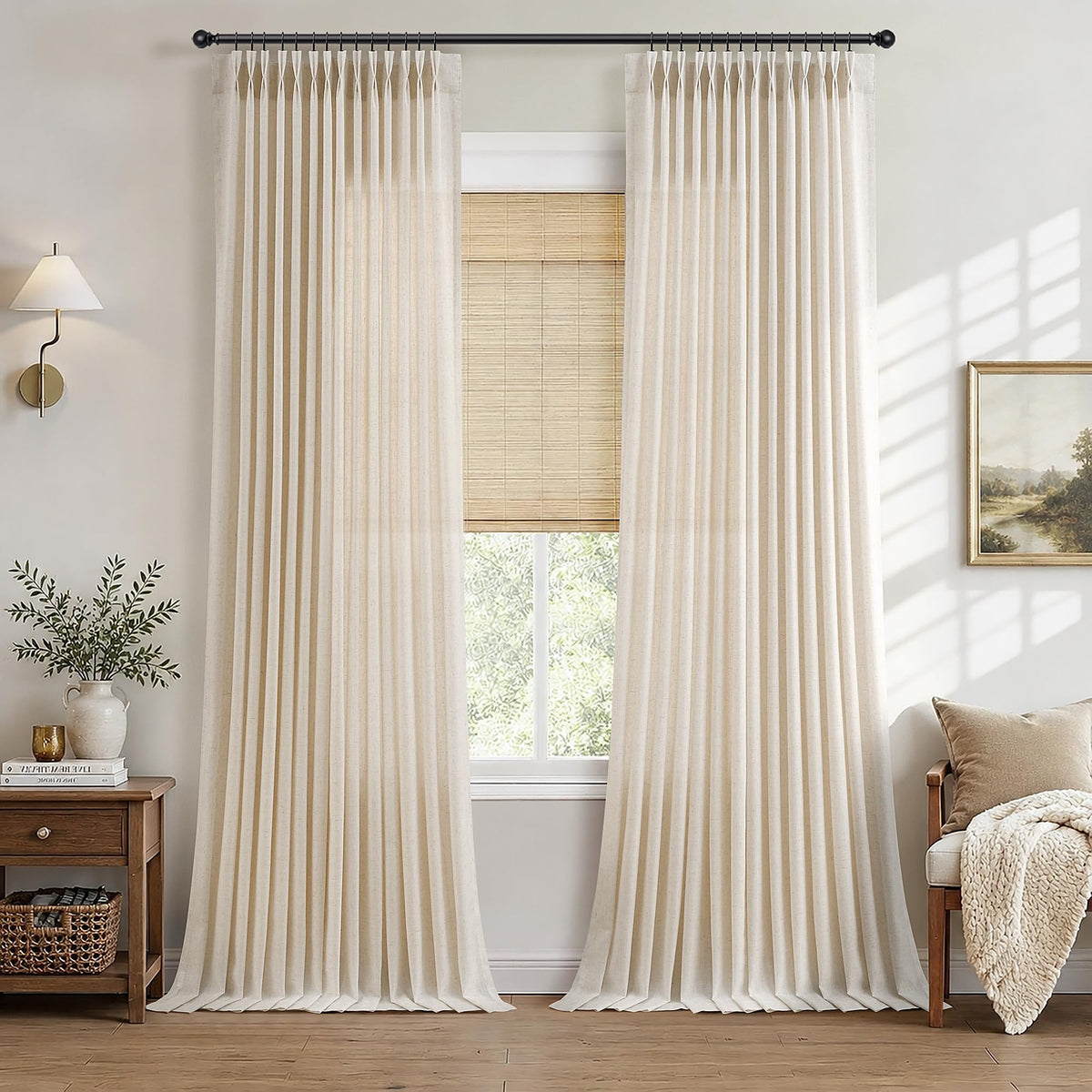 Cream Pinch Pleated Linen Curtains 120 Inch Long for Living Room (Linen / 40"W x 120"L (Pack of 2))