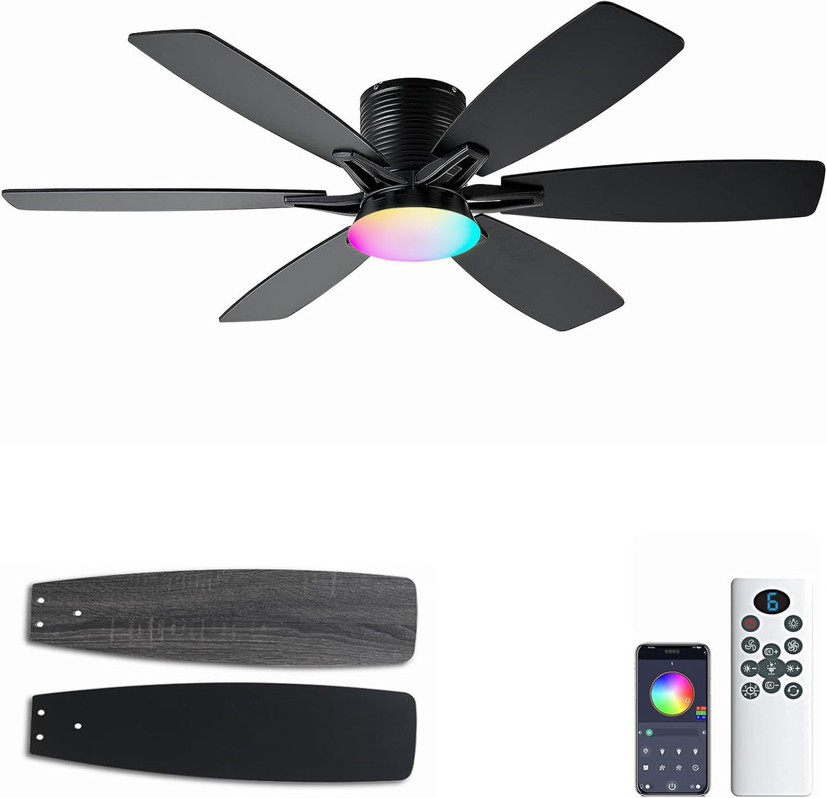 52 inch Ceiling Fan with Lights (Black+RGB)