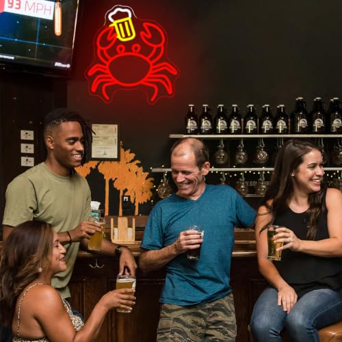 Crab Beer Neon Sign for Wall Decor Drinking Neon Light Bar Led Sign Red Seafood Neon Light Sign for Bar Seafood Market Coastal Beach Themed Restaurant (Red Beer Crab)