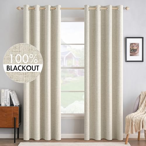 100% Blackout Linen Curtains for Bedroom 52x108 Inches Butter Cream (Butter Cream / 52"W x 108"L (Pack of 2))