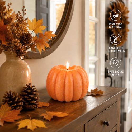 Pumpkin Flameless Candle Remote Control Battery Operated Orange 6x6.5 Inch for Home Autumn Halloween Decoration