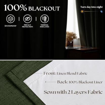 Olive Green Pleated Linen Blackout 96 Inch Curtains for Bedroom Living Room (Loden / 50"W x 96"L (Pack of 2))
