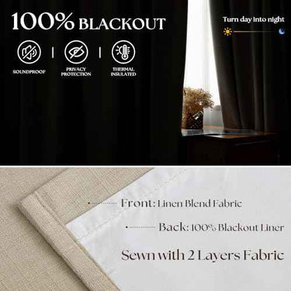 Beige Oatmeal Linen Blackout Pleated 86 Inch Curtains for Living Room Darkening Pinch Pleat 100% Black Out Drapes Thermal Insulated Soundproof Farmhouse 86 Length 50 Wide Curtain for Dining Bedroom (Oatmeal / 50"W x 86"L (Pack of 2))