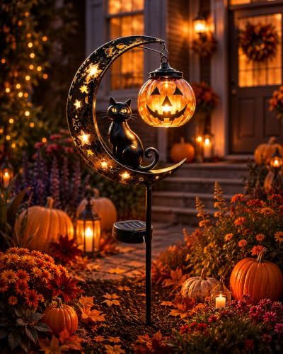 Halloween Garden Decorations Solar Cat Garden Lights Stake Outdoor Lantern Pumpkin Moon Yard Black Cat Waterproof Night Decor Holiday Jack Star LED Pathway Lawn Porch