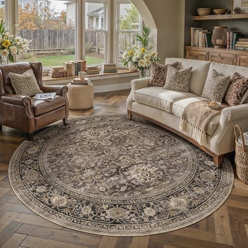 Brown Washable 6x6 Round Area Rugs for Living Room Bedroom (Retro | Brown / 6' (Round))