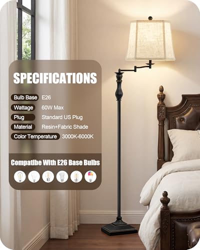 62" Floor Lamps for Living Room with 350°Adjustable Swing Arm & Dimmable Colors Temperature Bulb