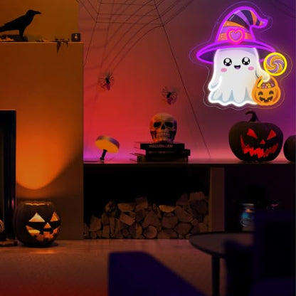 Halloween Ghost Neon Sign Dimmable Cute Witch Hat Ghost Led Neon Light (Colorful-Witch)