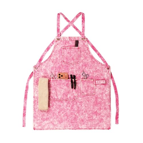 Denim Apron with Pockets and Adjustable Cross Straps for Hair Stylist Salon Nail Tech Barber Women Jean Aprons (Pink)