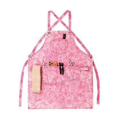 Denim Apron with Pockets and Adjustable Cross Straps for Hair Stylist Salon Nail Tech Barber Women Jean Aprons (Pink)
