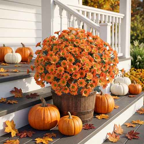 Artificial Mums for Outdoors Fall Decor (B-orange / 10.6 inch)
