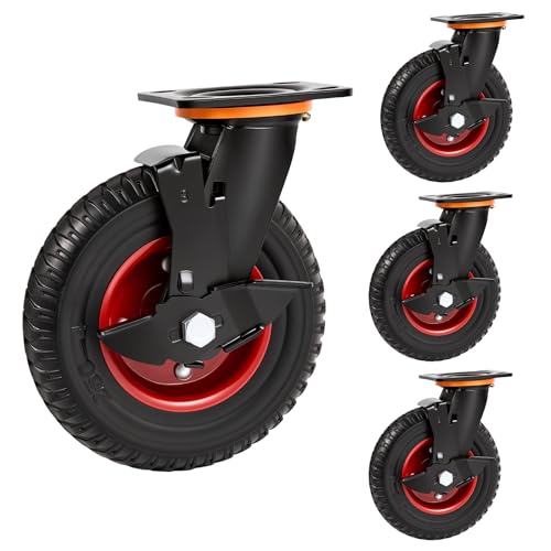 8 Inch Caster Wheels 4pcs Heavy Duty Swivel with Brake Rubber Solid Wheels (8 Inch Wheel)