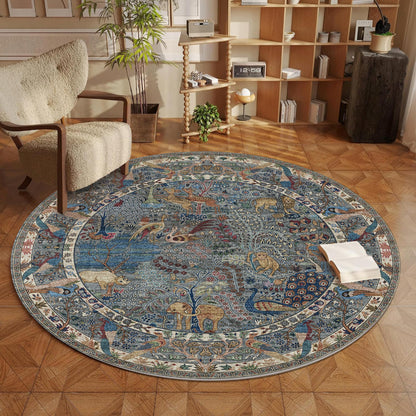 6ft Round Rug Circular Animal Print Area Rug Low Pile Indoor Rug (Dusty Blue/Multi / 6' (Round))