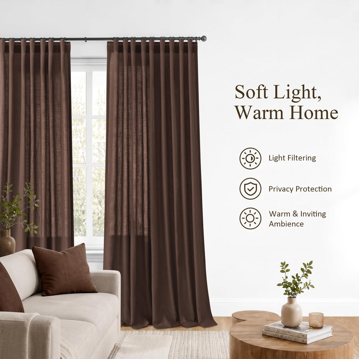 Coffee Linen Curtains 90 Inches Long 2 Panels for Living Room (Coffee / 50"W x 90"L (Pack of 2))