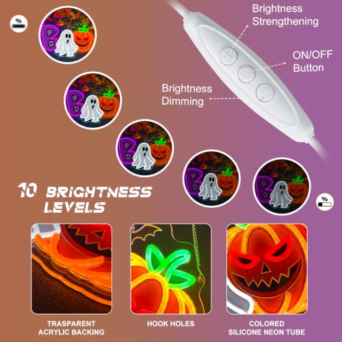 UV Printed Ghost Pumpkin Halloween Neon Sign Dimmable Cute Witch Hat Ghost LED Neon Light for Bedroom Game Room Halloween Party Home Decoration