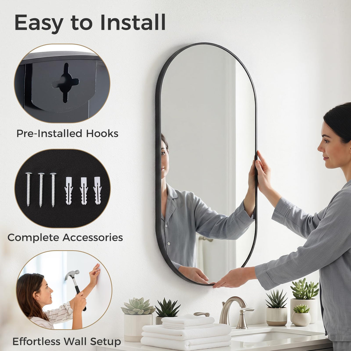 24" x 48" Oval Bathroom Mirror (Black / 24"L x 48"W / Oval)