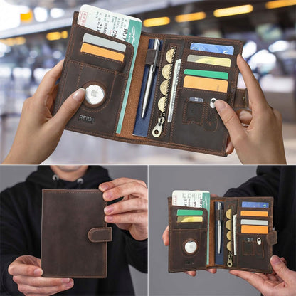 Full Grain Leather Passport Holder Compatible with Airtag Slot RFID Blocking Passport Wallet Travel Slim Passport Cover with SIM Card Removal Tool (Coffee / Plain- Snap)