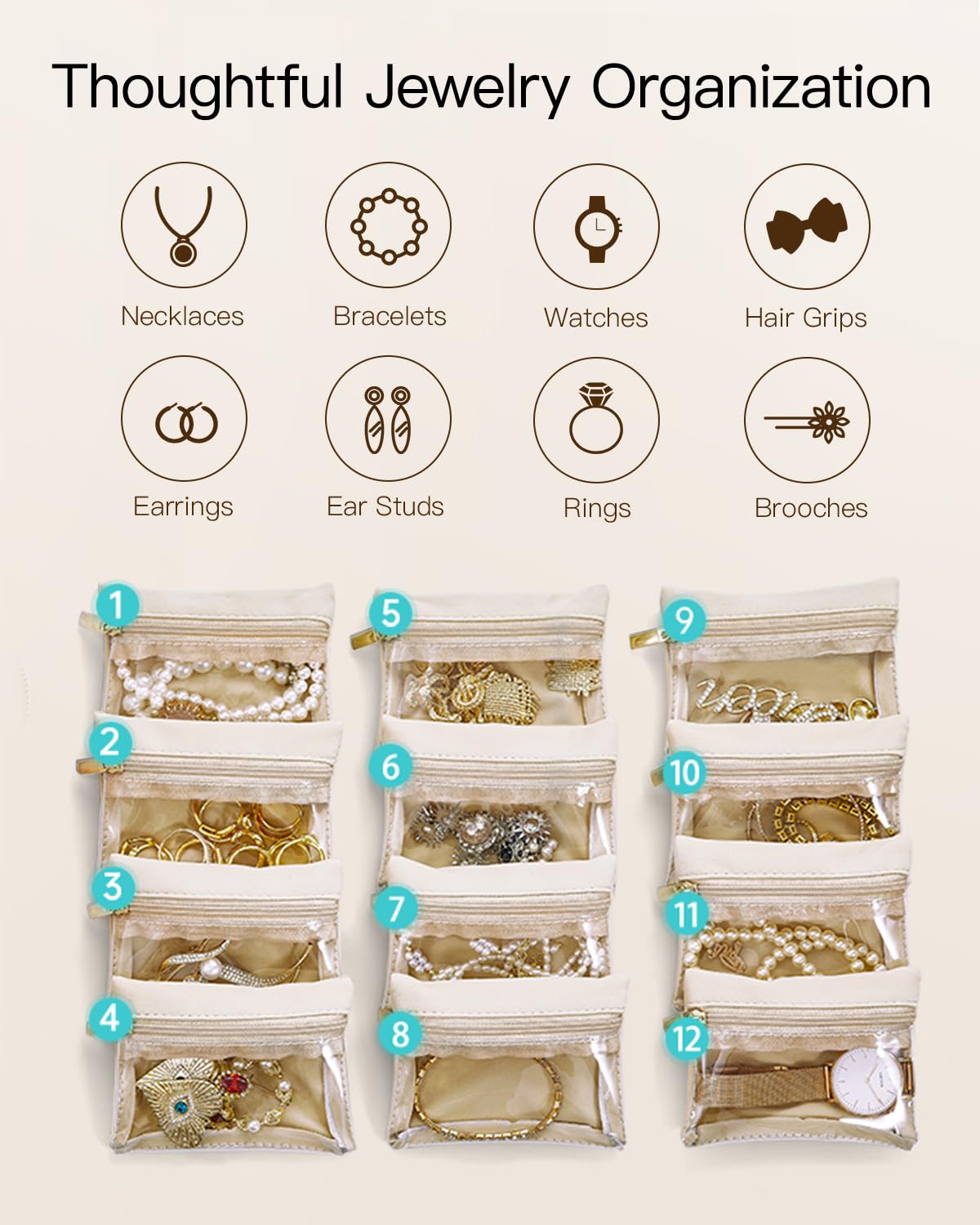 Jewelry Boxes for Women with 12 Clear Velvet Zipper Pouches (D.12 PCS Green)
