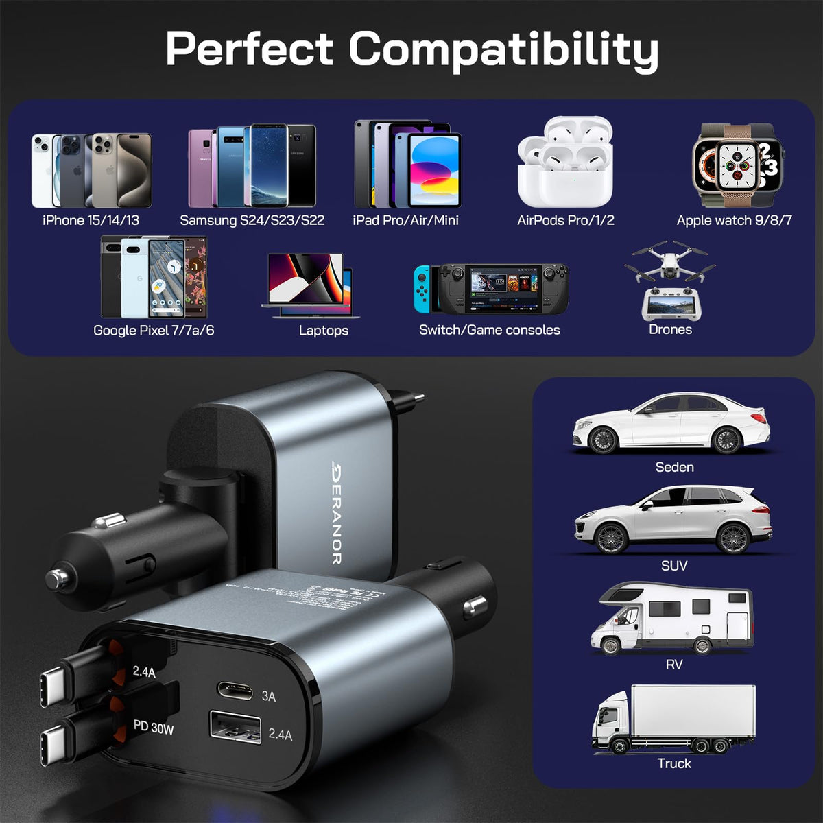 2 Pack] Retractable Car Charger 4 in 1 Fast Car Phone Charger 69W (2 Pack C + C Retractable Cords)