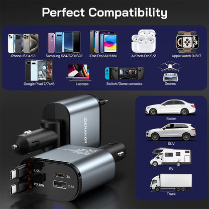 2 Pack] Retractable Car Charger 4 in 1 Fast Car Phone Charger 69W (2 Pack C + C Retractable Cords)