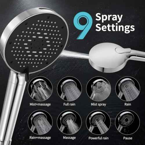 High Pressure Filtered Handheld Shower Head 9 Spray（1 filter） (2.5 Gallon Per Minute+1 Filter / Chrome Silver)