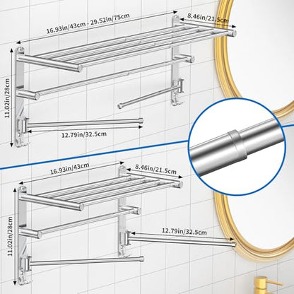 Retractable Towel Rack for Bathroom Stainless Steel Extendable Towel Shelf with 180° Swing Arms Wall (Silvery)