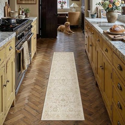 2x8 Beige Washable Runner Rug Non Slip Retro Distressed Carpet (Distressed | Beige / 2' x 8' (Runner))