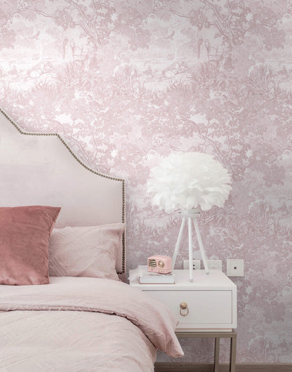 Peel and Stick Wallpaper Pink and White Vintage Forest Animals Floral Wallpaper Removable Self (Soft Pink / 17.3" x 78.7")